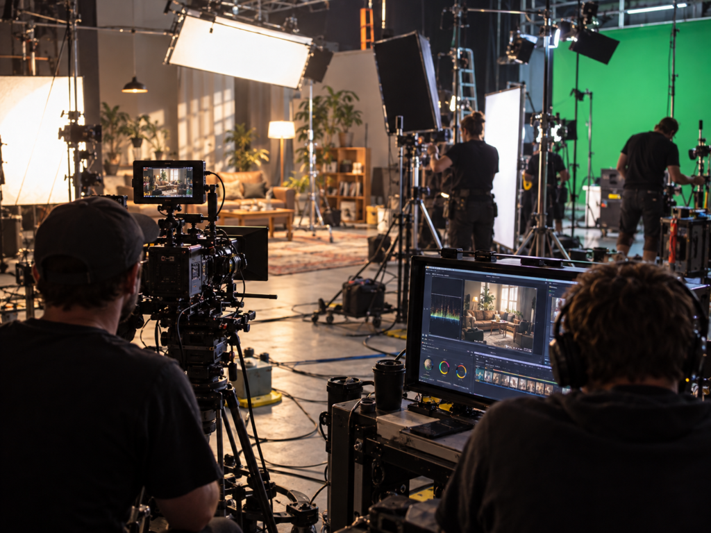 Camera crew filming in a professional video studio with green screen and production monitors.