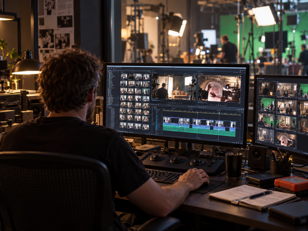 Video editor working on a multi-track timeline and reviewing footage on dual monitors in a professional studio.
