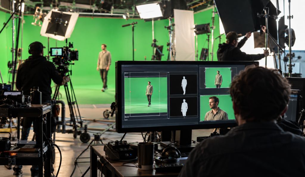 Green screen video production studio with a camera crew and monitors displaying AI-assisted rotoscoping and subject isolation.