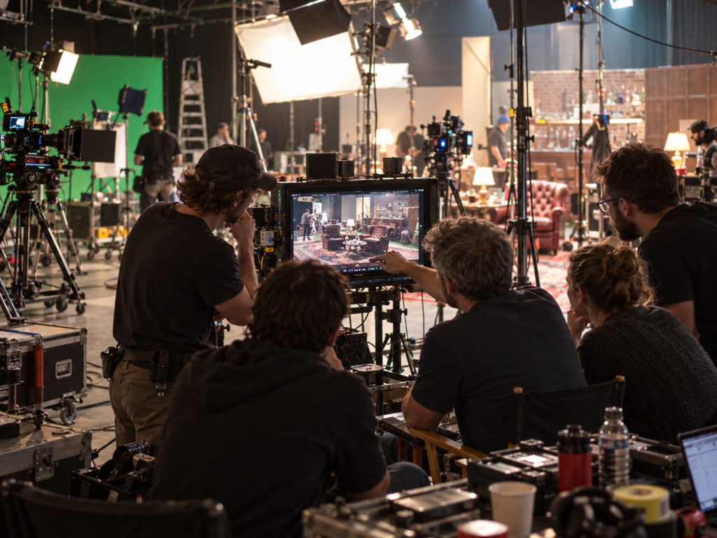 Video production crew reviewing footage on a monitor during a professional studio shoot.