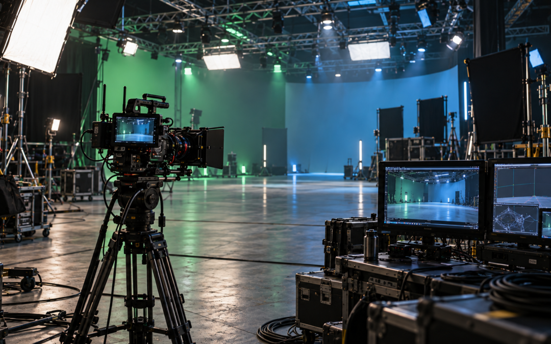 Professional virtual production studio with cinema camera, lighting and production monitors.