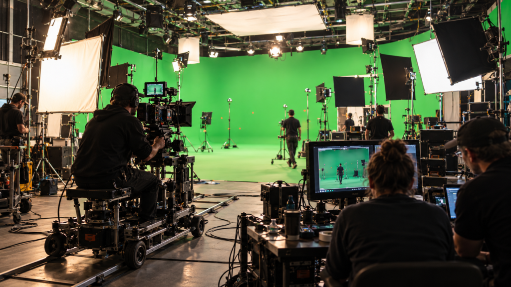Green screen production setup with camera, lighting and monitoring equipment for virtual production.